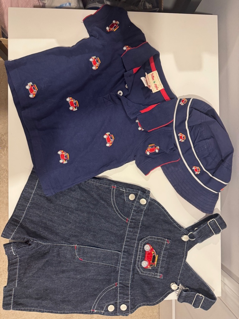 VTG Toffee Apple Baby Boy Outfit Set 3pc Car Embroidered Overalls Polo Hat Blue